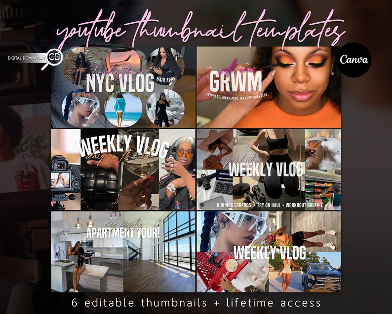 Pu&ograve; includere: Sei modelli di miniature di YouTube modificabili per contenuti di vlog. I modelli presentano un collage di immagini con sovrapposizioni di testo. Il testo include "NYC VLOG", "GRWM", "WEEKLY VLOG" e "APARTMENT TOUR!"
