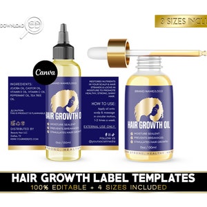 Może przedstawiać: Dwie butelki olejku do wzrostu włosów z niebieskimi i złotymi etykietami. Etykiety przedstawiają twarz kobiety i tekst "Hair Growth Oil". Butelki mają pojemność 2 oz / 60 ml. Etykiety zawierają również instrukcje użycia i listę składników.