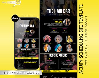 Può includere: Un modello di design grafico nero e giallo per un sito web di salone di bellezza. Il modello presenta una bozza di schermo del telefono con il testo "The Hair Bar" e il nome di una stilista, "Mya Jones". Il modello include anche una sezione per le politiche di prenotazione, gli orari di lavoro e i link ai social media. Il testo "Modello di sito web di pianificazione Acuity 100% modificabile a vita" è visualizzato sul lato destro dell'immagine.
