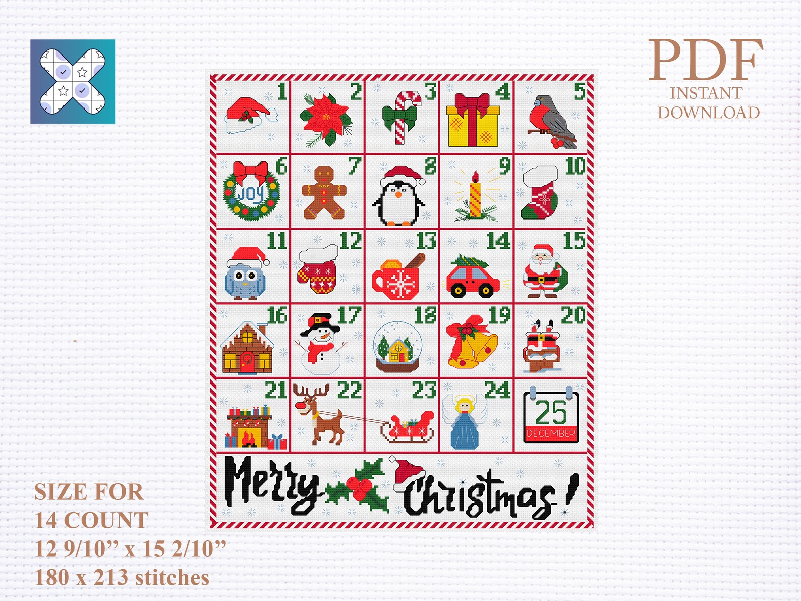 Advent Calendar cross stitch pattern PDF Winter holiday Etsy