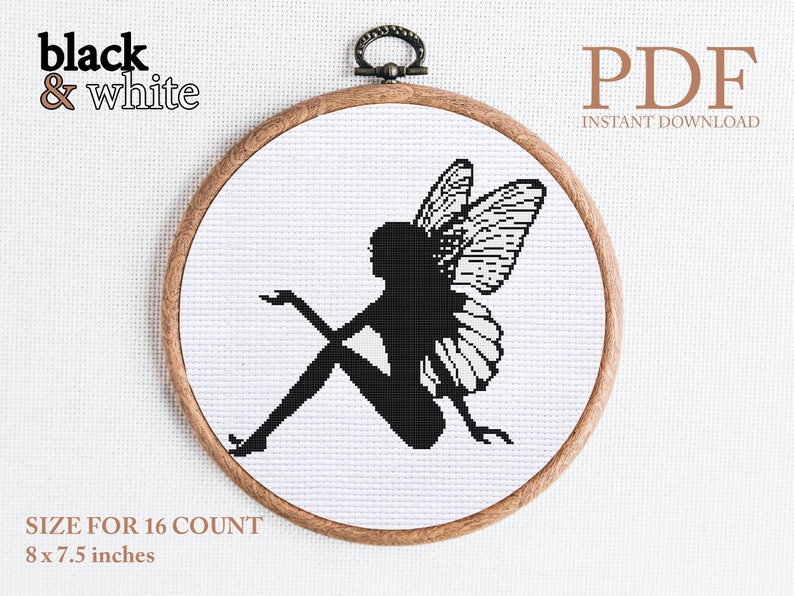 fairy cross stitch modern pattern PDF black white