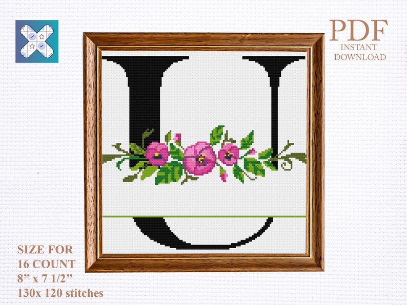 letter U Monogram cross stitch pattern Letter cross stitch pattern PDF monogram pansy