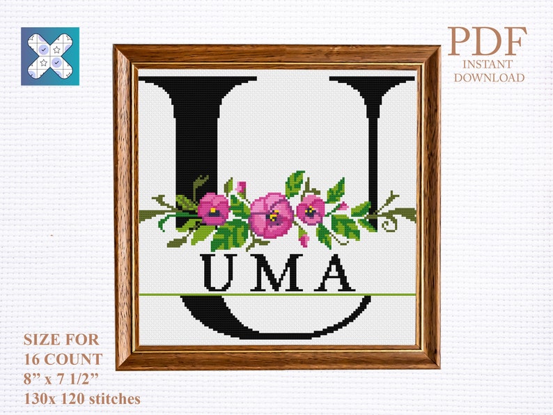 letter U Monogram cross stitch pattern Letter cross stitch pattern PDF monogram pansy