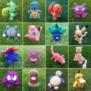 May include: A collection of 10 crochet Pokemon characters, including Bulbasaur, Charmander, Squirtle, Pikachu, and more. Each character is handmade and features intricate details.