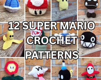 May include: A collection of twelve crocheted figures inspired by Super Mario characters, including a blue shell, red mushroom, yellow star, brown creature, banana, piranha plant, black bullet, fire flower, white ghost, bomb, and a red-clothed figure.