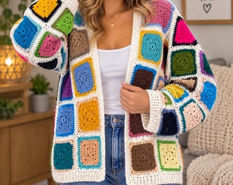 Granny Square Cardigan Crochet Pattern | Colourful  BOHO Cardigan PDF