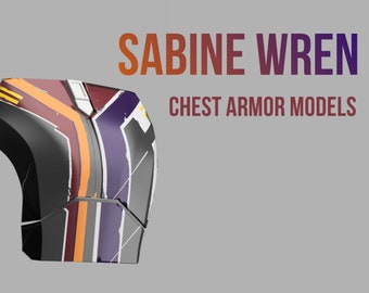 May include: A black, gray, purple, orange, and white chest armor model with a textured surface. The armor has a geometric design and is labeled "Sabine Wren Chest Armor Models".