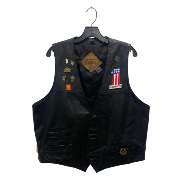 Elkmont Leather Vest with Harley Davidson Patches and Pins