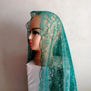 Mantilla de encaje verde azulado oscuro Velo de capilla verde menta Mantilla ortodoxa Mantilla católica Misa latina Regalo de Navidad Velo de boda verde