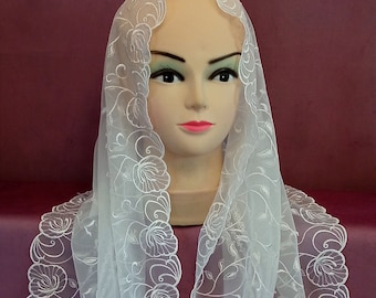 Mantilla de iglesia de encaje blanco, velo de capilla bordado
