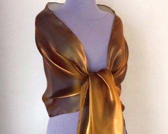 Copper gold long organza shawl, Brown gold scarf, Chocolate wedding bolero, Bride's shawl, Bridesmaid shawl, Scarf 220 cm handmade Ukraine