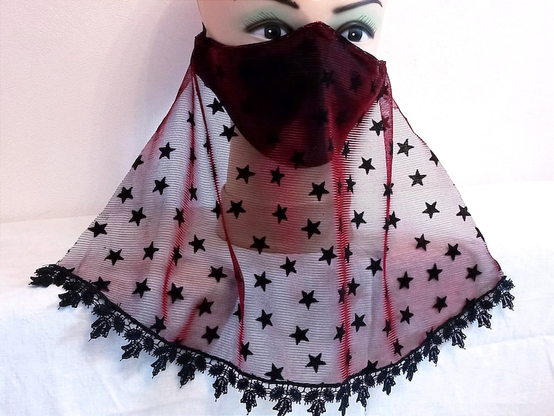 Star veil face mask Belly dancer mask Face mask black Halloween Black stars on red