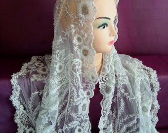 Mantilla de iglesia, velo bordado con encaje, velo de novia, velo de capilla, mantilla ortodoxa, mantilla católica, misa en latín, regalo del día de la madre