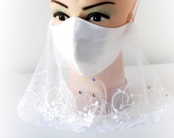 Veil style face mask wedding Bridal white lace Anatomical face cover