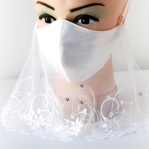 Veil style face mask wedding Bridal white lace Anatomical face cover filter pocket