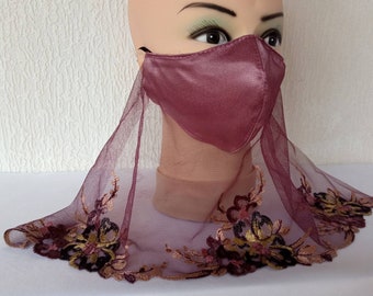 Lace veil style face mask  Anatomical silk satin face cover filter pocket  Halloween masks