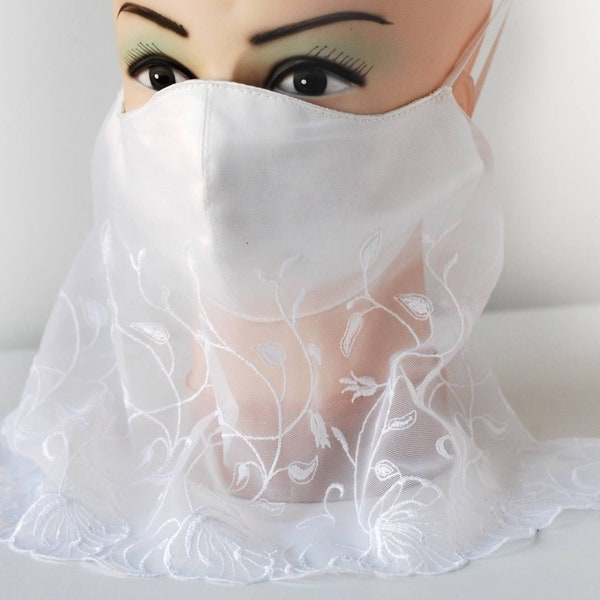 Bride face mask Wedding white lace face veil maskBride Anatomical face cover Filter pocket