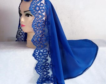 Velo de gasa azul con encaje. Mantilla ortodoxa. Mantilla católica. Misa en latín. Velo de novia de regalo.
