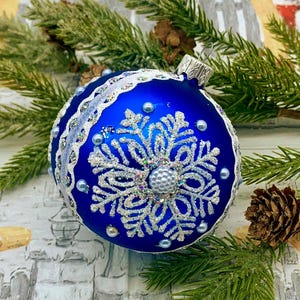 Blue Christmas Ornament – Handmade Glass Ball with Snowflake – Royal Blue Tree Decoration – Glitter Winter Holiday Ornament