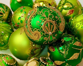 Handmade Glass Christmas Ornaments Set – 10 Green and Gold Luxury Tree Decorations – Vintage European Holiday Decor