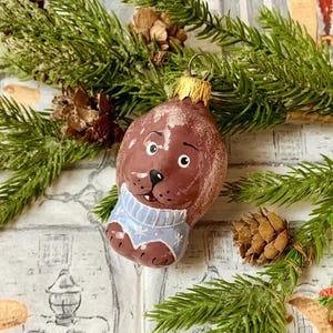 Handmade Dog Christmas Ornament – Brown Puppy Glass Bauble in Blue Sweater – Vintage Style Holiday Decor – Unique Tree Decoration