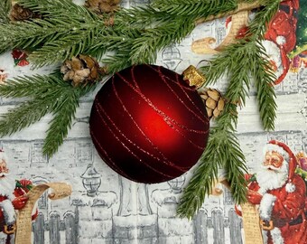 Glass Red Ornament Christmas – Deep Red Handmade Bauble Glitter Swirl – Luxury Holiday Tree Decoration – Artisan Classic Xmas Decor