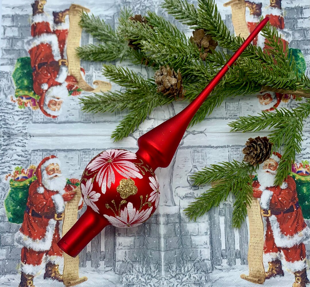 Red Christmas Glass Tree Topper Xmas Topper With Flower Etsy