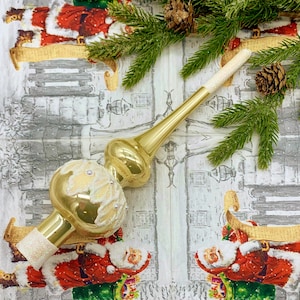 Gold Glass Christmas Tree Topper – Large Handmade Ornament with White Glitter Accents – Elegant Holiday Finial Decoration