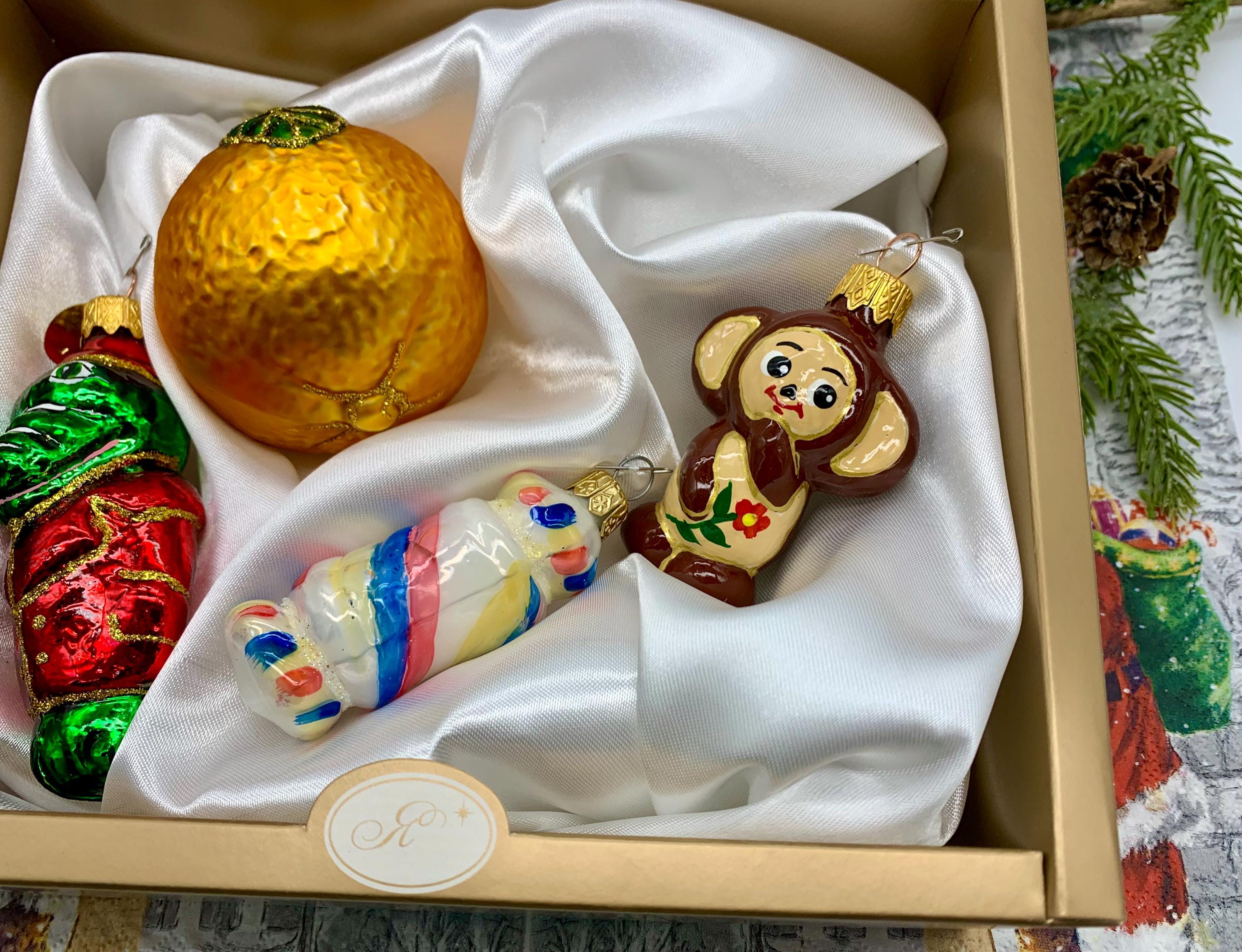 Handmade Glass Ornament Set – Cheburashka & Gena the Crocodile