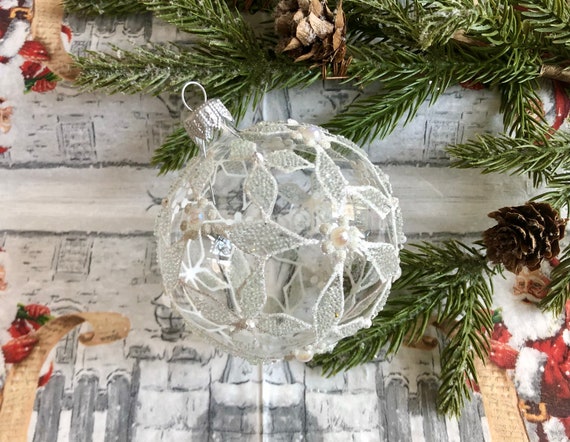 White Christmas Glass Ball With Silver Branches,glitter Xmas Ornaments,  Blown Glass Christmas Ball, Handmade Paited Christmas Glass Baubles 