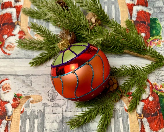 Glas Christbaumschmuck - Rot Orange Kugel - Handgefertigtes Glitzer-Design - Retro Feiertage Ornament - Festliches Weihnachtsbaum Dekor Einzigartiger Look