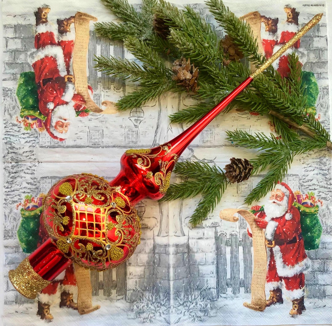 Large Red and Gold Christmas Tree Topper – 12 Inch Hand Painted Glass ...