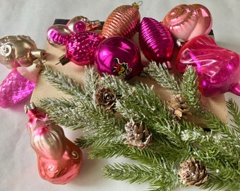 10 Assorted pink glass ornaments set,Christmas glass ornaments,soviet ball,retro Xmas tree decoration,winter home decor,assorted glass decor