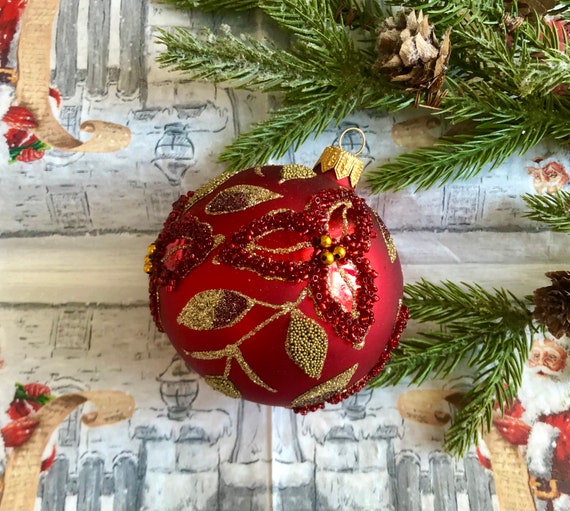 Christmas Ornament Red Hand Blown Glass Ball With Glitter Handmade Christmas Glass Ornaments Xmas Ornament Christmas Glass Ornament 2022 Etsy