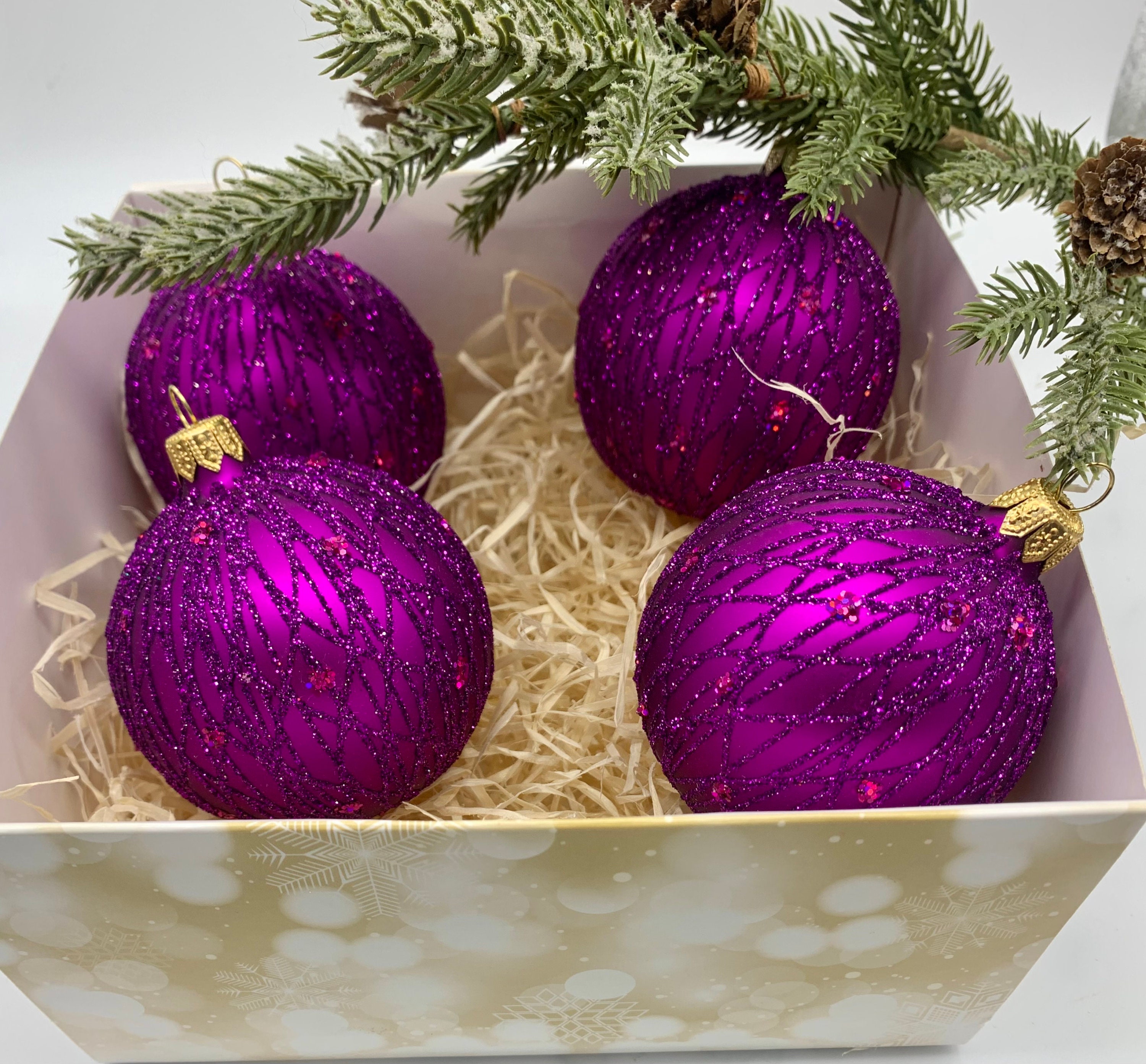 Collection of 4 Purple Christmas Glass Balls With Pattern