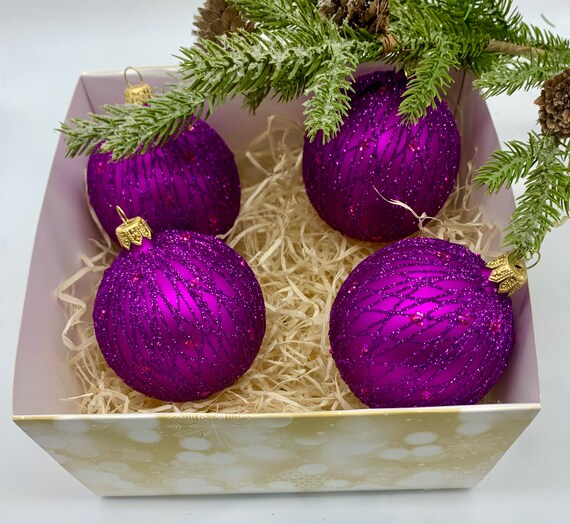 Collection of 4 Purple Christmas Glass Balls With Pattern
