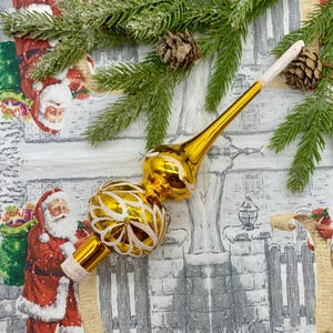 White and Gold Christmas Ornament – Handmade Glass Tree Topper – Elegant Finial for Holiday Décor – Gift for Her or Home