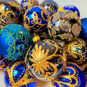 Handmade Blue Christmas Ornaments – Set of 10 Assorted Glass Balls – Gold Hand Painted Holiday Decor – Elegant Xmas Tree Decorations