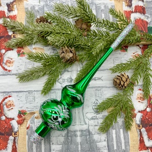Green Glass Christmas Tree Topper – Hand Blown Finial Ornament – Vintage Holiday Decoration – Christmas Ornament – Glitter Tree Top