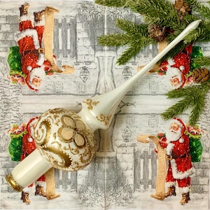 White and Gold Glass Tree Topper – Elegant Christmas Finial – Handmade Blown Glass Holiday Decoration – Luxury Xmas Ornament