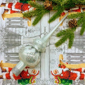 White Glass Christmas Tree Topper – Large Handmade Ornament with Silver Glitter Snowflakes – Elegant Holiday Finial Decoration