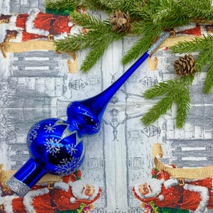 Blue Snowflake Glass Tree Topper – 27 cm Christmas Finial – Handmade Ornament – Vintage Style Holiday Decoration