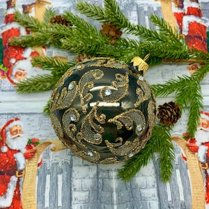 Schwarz goldene Glas Ornamente – Handgefertigte Luxus Weihnachtskugel mit Glitzersteinen und Edelsteinen – Eleganter Baumschmuck