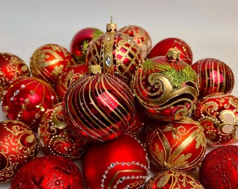 Glass Christmas Ornaments – Set of 30 Red and Gold Baubles – Hand Painted Holiday Decor – Elegant Christmas Tree Decorations