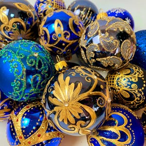 Set of 10 Blue Glass Christmas Ornaments – Hand Painted Gold Glitter Baubles – Elegant Handmade Holiday Decor – Royal Blue Tree Balls