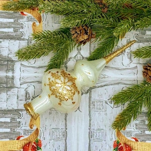 White and Gold Tree Topper – Small Glass Finial Ornament – Handmade Christmas Tree Tip – Elegant Holiday Decoration – Blown Glass Topper