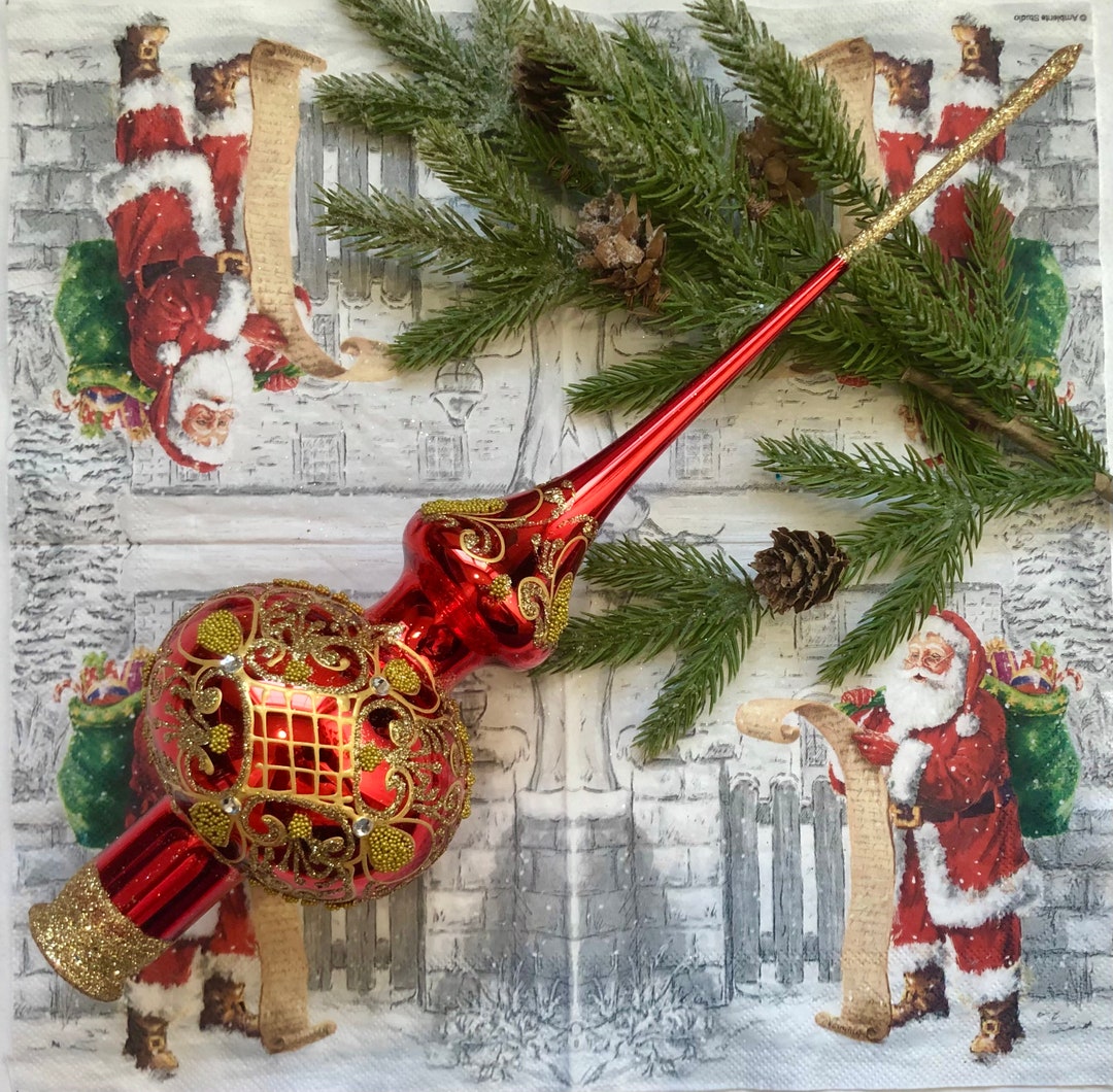 Vintage Red Christmas Glass Tree Topper 31 Cm, Vintage Christmas Glass
