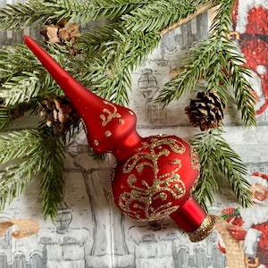 Small Red Christmas glass tree topper, Holiday decoration, Vintage Christmas glass ornament, Handmade ornament, Chritmas glass topper 2024