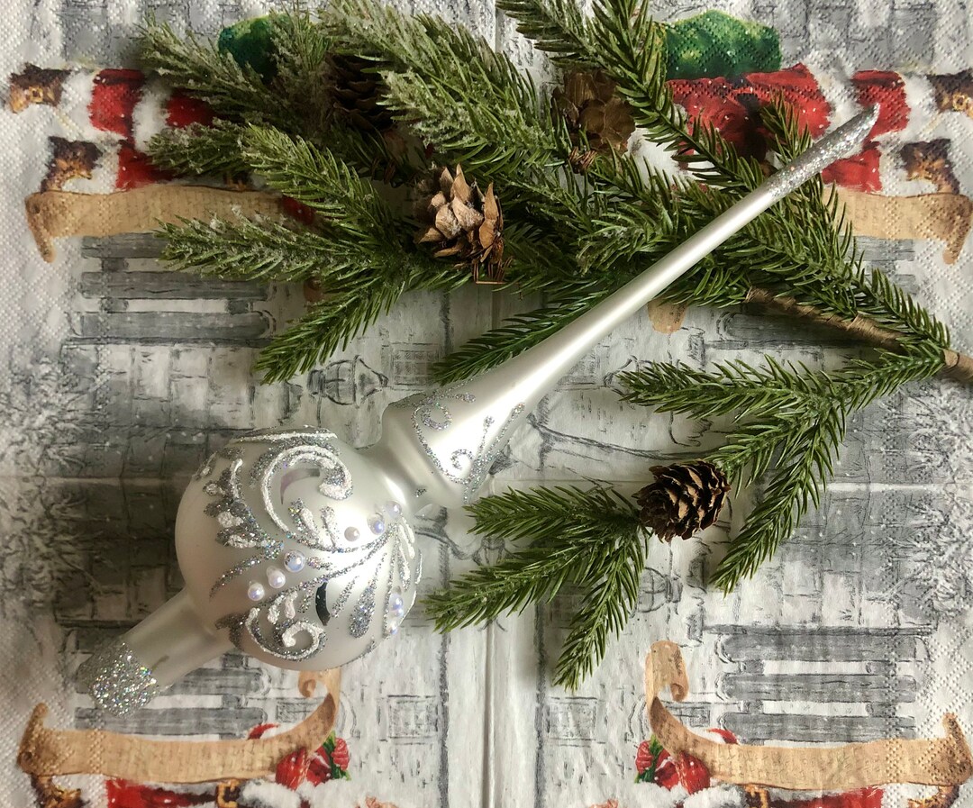 White Christmas Glass Tree Topper, Glass Finial Top, Tree Decoration, Tree Ornament, Vintage