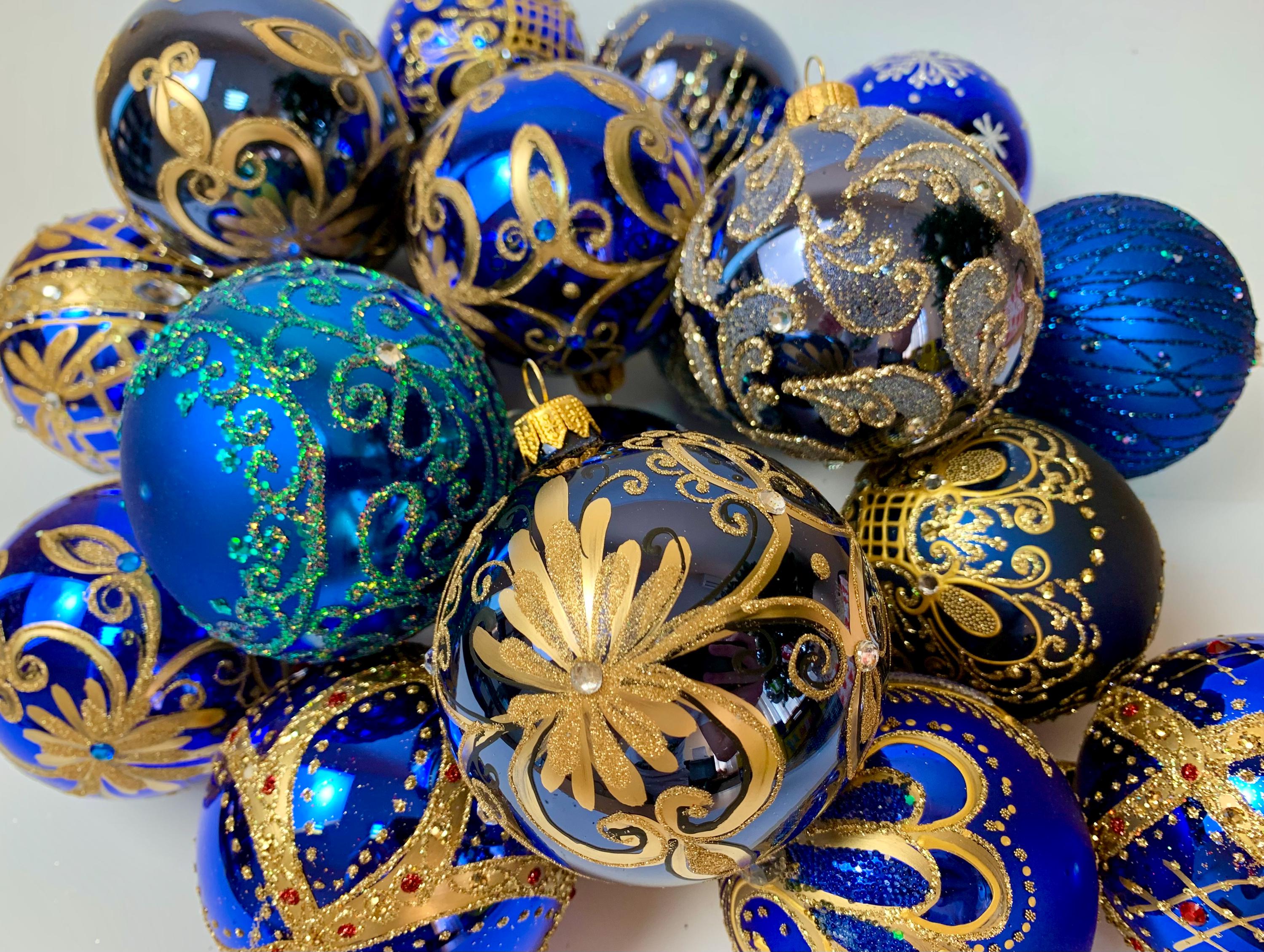 Dunkelblaue und goldene Weihnachtskugeln - Handgefertigtes Glas Ornament Set von 10 - Eleganter Weihnachtsbaum Dekor